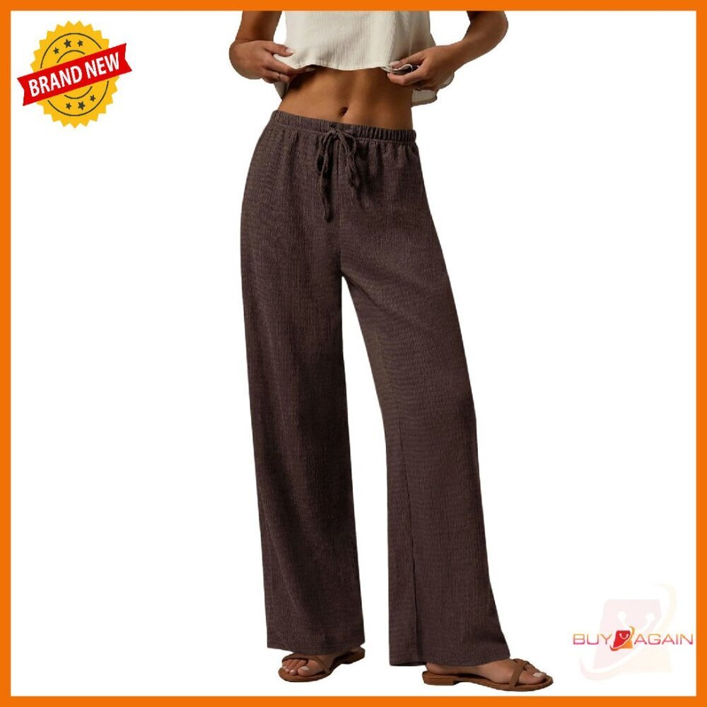 Elastic Waist Textured Flowy Palazzo Pants With Pockets